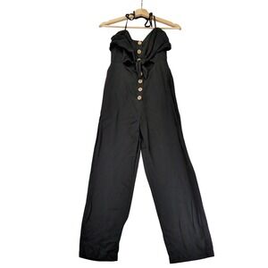 Majorelle Black Tencel Linen Blend Halter Cut-Out Wide Leg Jumpsuit XXS